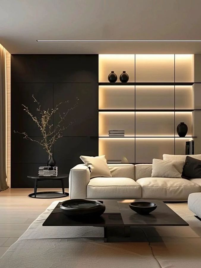 Wall shelving combining open backlit shelves with closed push-to-open cabinetry, cream and dark anthracite panels