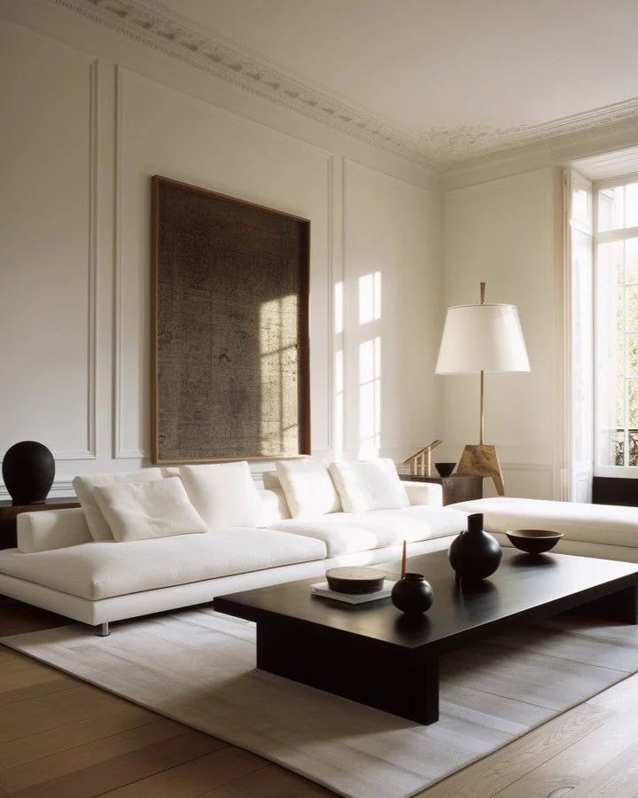 Parisian salon with white sectional sofa, dark coffee table, wooden tripod floor lamp, tall French windows